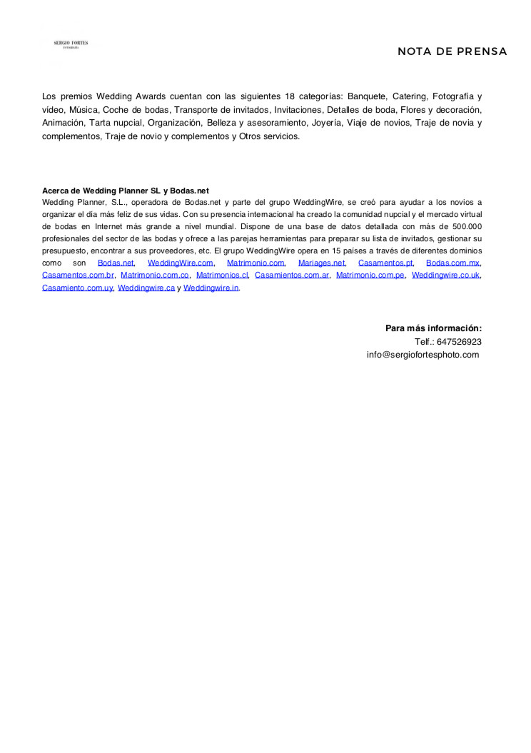 NOTA DE PRENSA WEDDING AWARD 2019